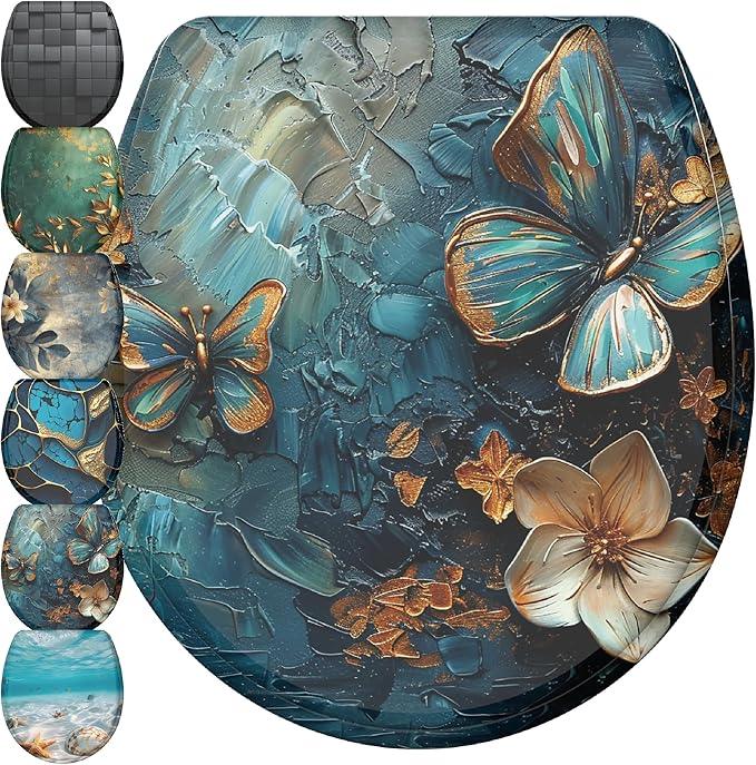 Sanilo Wooden Toilet Seat with Quick Release & Soft Close [ROUND] - Decorative & Slow Close Molded Wood Seat - With One Click for Easy Installation & Cleaning - With Adjustable Fit (Mariposa) - ModernBath