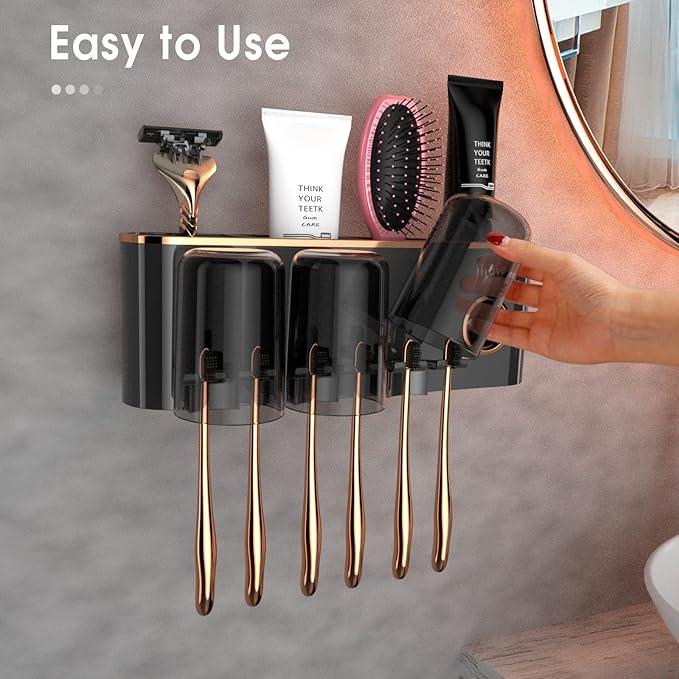 iHave Toothbrush Holders Bathroom Accessories with Toothpaste Dispenser, 3 Cups Toothbrush Holder Wall Mounted Bathroom Decor - ModernBath