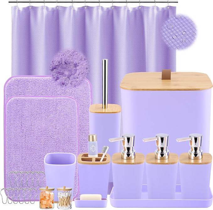 XLHOMO Bathroom Sets with Shower Curtain and Rugs, 27PCS Purple Bathroom Accessories Set with Trash Can, Purple Shower Curtain Set, No Slip Super Absorbent Bathroom Rugs - ModernBath