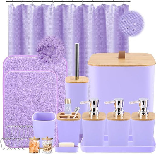 XLHOMO Bathroom Sets with Shower Curtain and Rugs, 27PCS Purple Bathroom Accessories Set with Trash Can, Purple Shower Curtain Set, No Slip Super Absorbent Bathroom Rugs - ModernBath