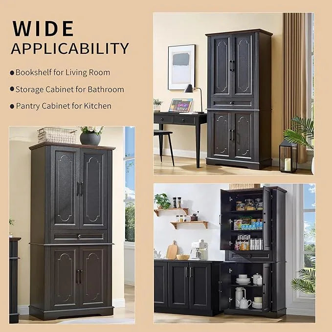 71" Black Tall Pantry Cabinet with Drawer and Adjustable Shelves, Modern Storage Cabinet with Doors, Kitchen Buffet Cabinet, Food Pantry Storage Cabinet, Coffee Bar, Living Room and Dining Room - ModernBath