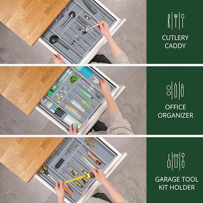 ROYAL CRAFT WOOD Luxury Bamboo Kitchen Drawer Organizer - Silverware Organizer - Utensil Holder and Cutlery Tray with Grooved Drawer Dividers for Flatware and Kitchen Utensils (9 Slot, Gray) - ModernBath