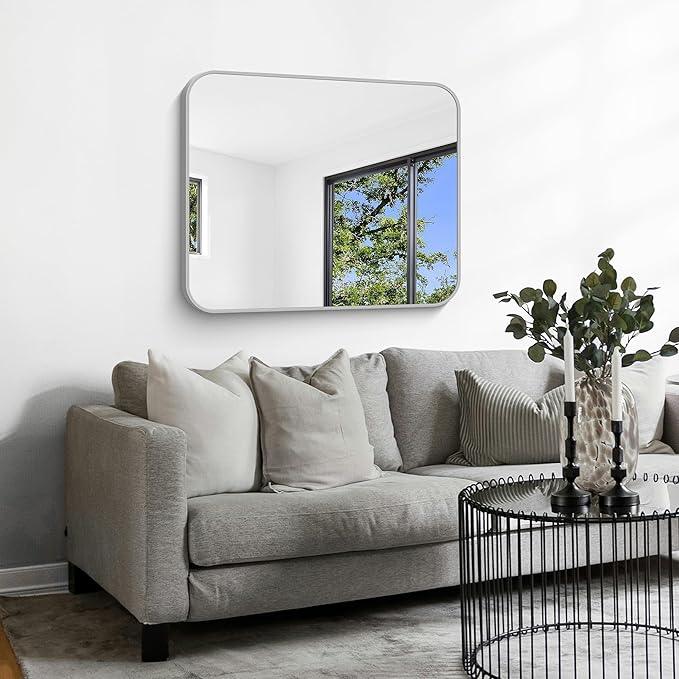 CIVENO Silver Bathroom Mirror, 30 x 36 Inch Metal Framed Silver Rectangle Mirror, Rounded Corner Rectangular Vanity Mirror, Wall Mounted Mirror for Living Room Bedroom Entryway Horizontal/Vertical - ModernBath