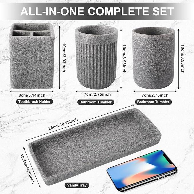 Resin Matte Gray Bathroom Toothbrush Cups Set with Holder and Tray, 4 Pcs Bathroom Accessories Set Counter Organizer for Sink Home Decor - ModernBath