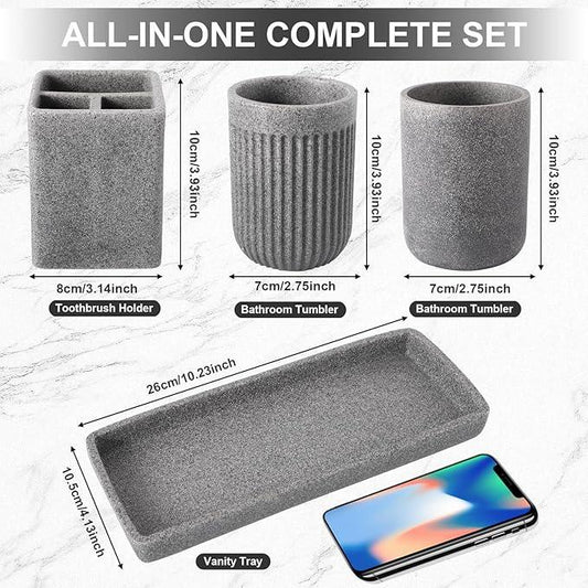 Resin Matte Gray Bathroom Toothbrush Cups Set with Holder and Tray, 4 Pcs Bathroom Accessories Set Counter Organizer for Sink Home Decor - ModernBath