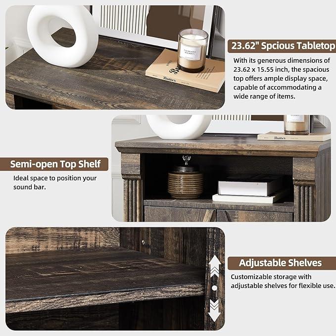 24" Farmhouse Storage Cabinet with Barn Doors, Dark Rustic Oak Freestanding Sideboard Buffet with Adjustable Shelf, Pantry Hutch Coffee Bar for Kitchen Bathroom Living Room - Small Floor Cabinet - ModernBath