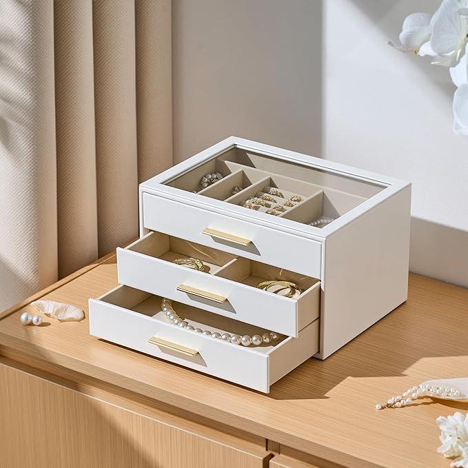 pickpiff Jewelry Box Organizer Case for Women: 3-Layer Jewelry Storage Case with Glass Window, Pure White Leather with Velvet Holder for Ring Necklace Bracelet Brooch Watch, Great Gift for Her - ModernBath