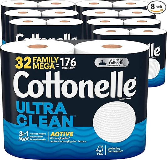 Cottonelle Ultra Clean Toilet Paper with Active CleaningRipples Texture, Strong Bath Tissue, 32 Family Mega Rolls (32 Family Mega Rolls = 176 Regular Rolls) (8 Packs of 4), 388 Sheets per Roll White - ModernBath