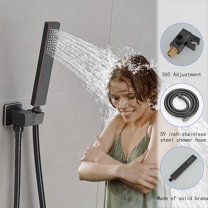 YCAIKOI Oil Rubbed Bronze Shower System, 8 Inch High Pressure Rain Shower with Handheld, Wall Mount Shower Faucet Set for Bathroom, Rough-in Valve Body and Trim Included - ModernBath