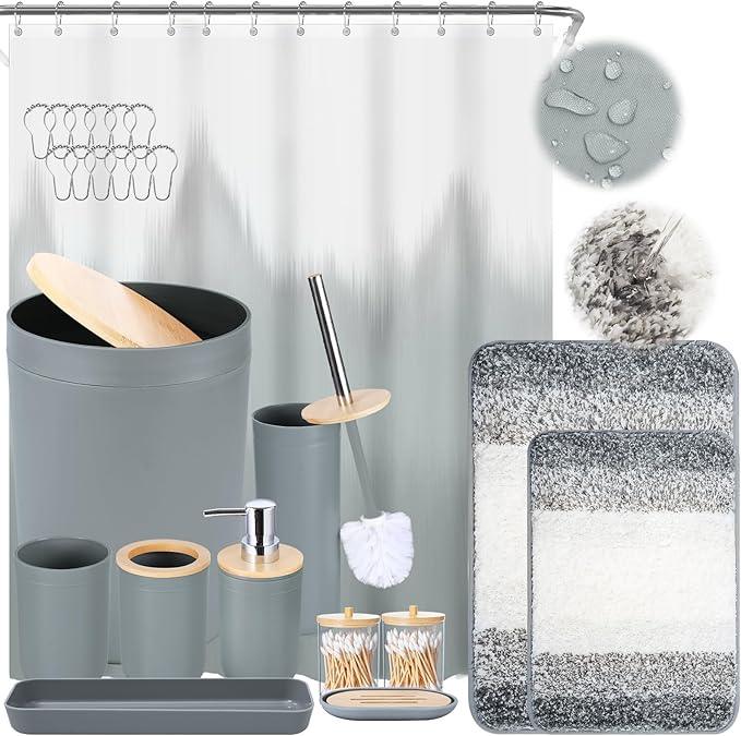 iMucci Bathroom Accessories Grey Bathroom Sets with Shower Curtain and Rug, Grey Ombre Waterproof Shower Curtain with Ultra Absorbent Rug Bathroom Accessories Set for Home Decor - ModernBath