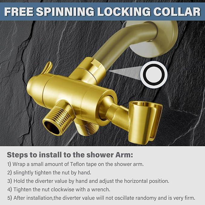 Metal Shower Arm Diverter with Handheld Mount, G1/2" 3-Way Shower Diverter Valve Bathroom Universal Showering System Replacement for Handheld Wand and Fixed Sprayer, Brushed Gold - ModernBath