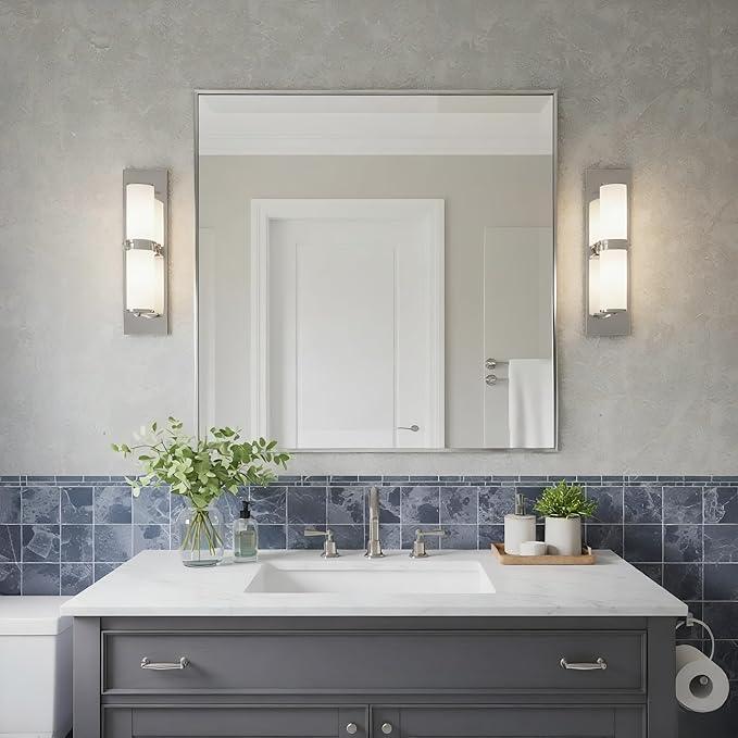 Bonverre 30x30 Inch Nickel Bathroom Mirror for Wall, Aluminum Frame Rectangle Rectangular Vanity Mirror, Modern Large for Bedroom, Living Room, Horizontal or Vertical - ModernBath