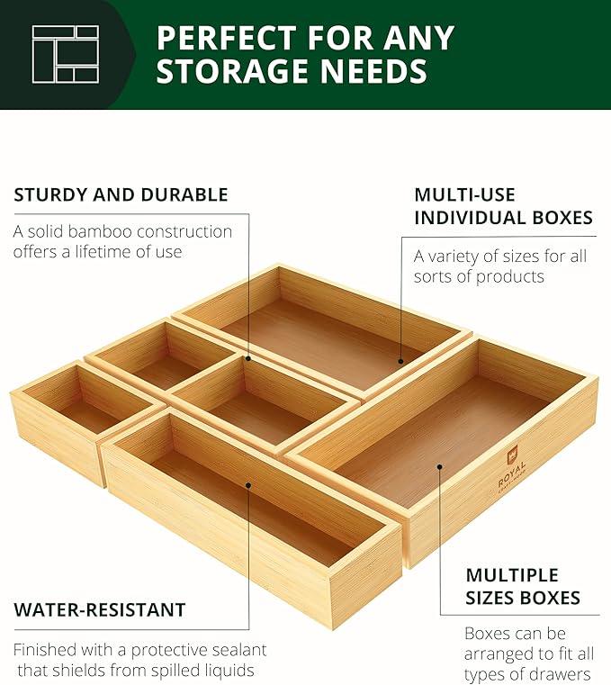 ROYAL CRAFT WOOD 5-Piece Bamboo Drawer Organizer Set – Multi-Use Storage Trays for Kitchen, Bathroom, Office, Makeup, Jewelry & More – Junk Drawer Tray, Utensil Holder, Storage Box & Bin Set (5 Boxes) - ModernBath