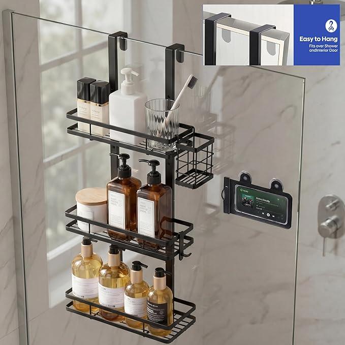 WEYALLE Over the Door Shower Caddy Hanging, Rustproof Shower Shelves with Waterproof Phone Pouch, 3-Tier Adjustable Bathroom Organizers and Storage, No Drilling Shower Shelf, Black Shampoo Soap Holder - ModernBath