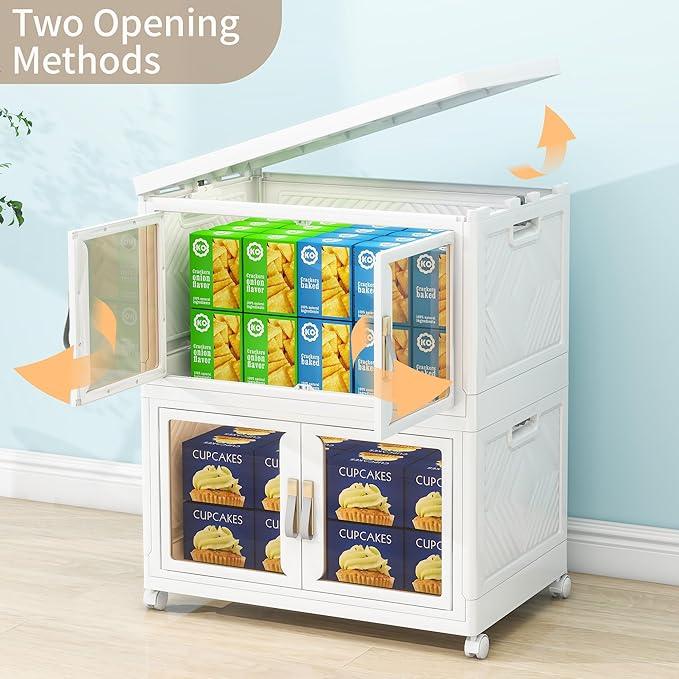 Large Clear Stackable Storage Bins with Lids, 180QT-45QT*4Tier Foldable Cabinet for Closet Organizers, Plastic Storage Box with Wheels White - ModernBath