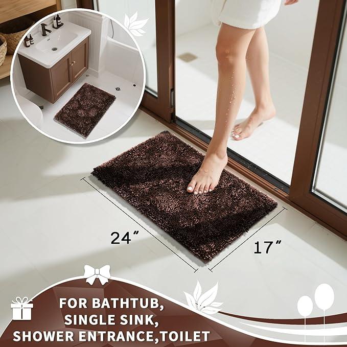 Yimobra Chenille Bathroom Rugs Non Slip, Extra Thick Soft Absorbent Bath Rug, Machine Washable Quick Dry Bath Mat for Bathroom Floor, Tub and Shower, Home Decor Accessories, 24x17, Brown - ModernBath