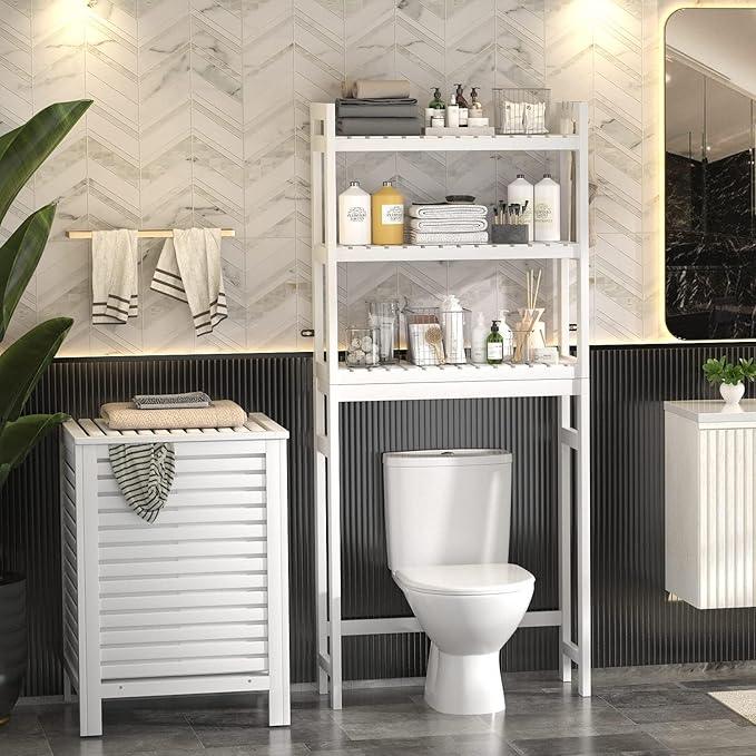 Homykic Over The Toilet Storage, Bamboo Over Toilet Bathroom Organizer Rack, Freestanding Bathroom Shelves Above Toilet Storage with 3 Hooks, Bathroom Space Saver, No Rust, Easy to Assemble, White - ModernBath