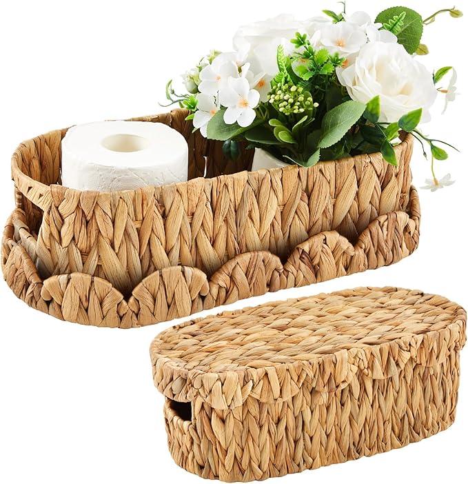 Wonderjune 2 Pack Toilet Paper Storage Basket with Lid Two Water Hyacinth Woven Wicker Bathroom Organizer Farmhouse Boho Decorative Toilet Tank Top Holder Bath Accessories - ModernBath