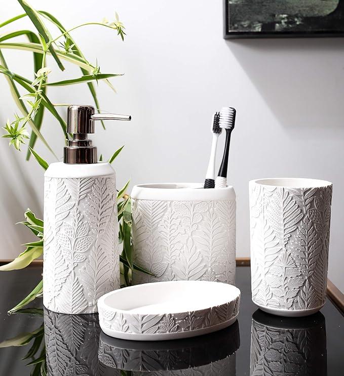 Hymmah Bathroom Accessories Set,Toothbrush Holder,Farmhouse Decor,4 Pcs Resin Gift Apartment Necessities, Contain Toothbrush Cup,Soap Dispenser & Dish,Tumbler - ModernBath