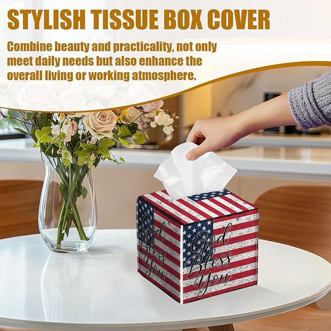 American Flag Tissue Box Cover 2PCS, God Bless You Leather Tissue Box Holder Square Facial Paper Case Tissue Box Cube Organizer for Bathroom Bedroom Desk Office - ModernBath
