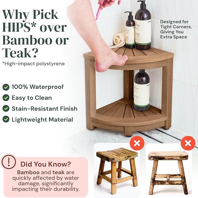 ROHKEX Waterproof Corner Shower Stool - Brown Waterproof Shower Bench for Shaving Legs & to Sit On - Easily Assembled Corner Bench & Shelf - Restroom Organizer - Bathroom Home Decor - ModernBath
