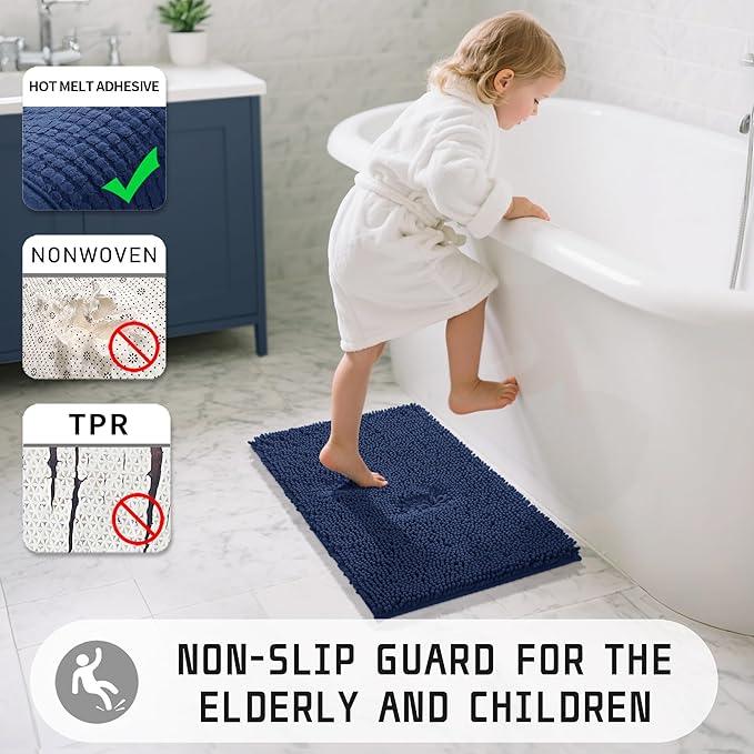 Yimobra Washable Bathroom Rugs, Super Soft & Absorbent Chenille Bath Mat for Floor & Carpet, Quick Dry Non Slip Bath Mat for Tub Shower, 24" x 17",Navy Blue - ModernBath