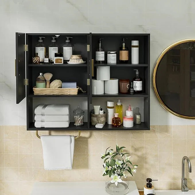 Bathroom Wall Cabinet Wood Large Wall Mounted Medicine Cabinet with 2 Doors and 4 Open Shelves Over Toilet Storage Cabinet Organizer with Towel Bar, Black - ModernBath