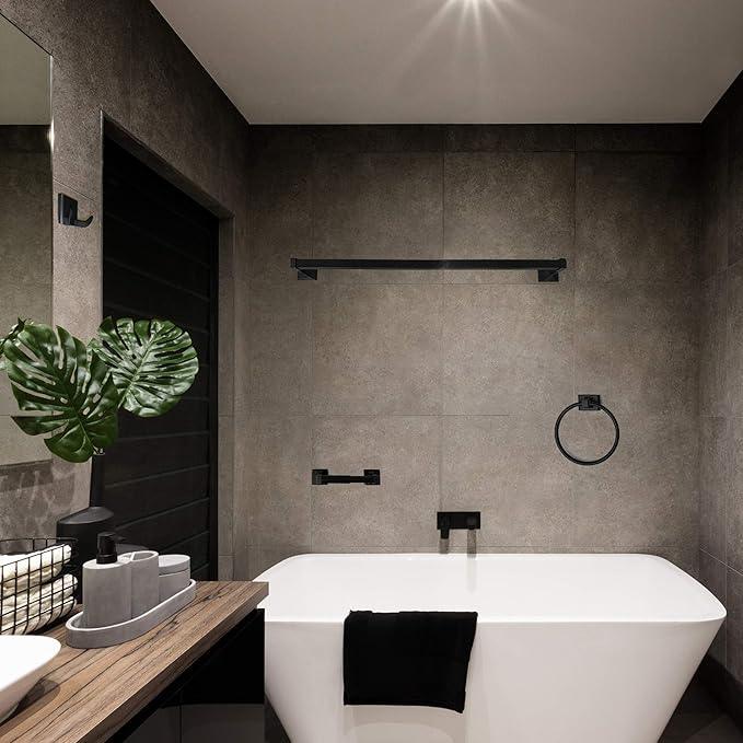 SENTO Cellar Classic Bathroom Accessories Set, Heavy Duty Metal Bath Hardware Set Wall Mounted, Includes Robe Hook, Standard Toilet Paper Holder, Towel Ring, 24” Towel Bar (4-Piece, Matte Black) - ModernBath