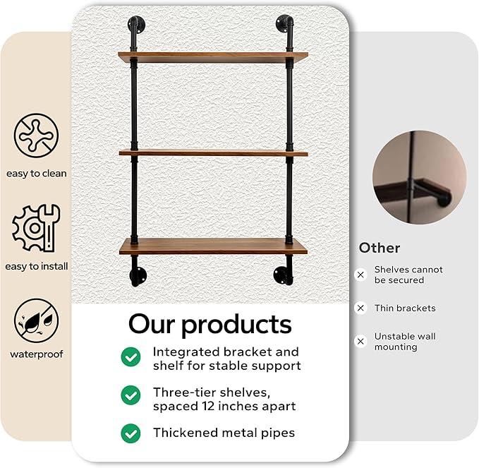 3-Tier Industrial Pipe Floating Shelf – Rustic 36 inch Wood Wall-Mounted Storage Shelf for Kitchen Office,Bathroom & Home Decor -Walnut - ModernBath