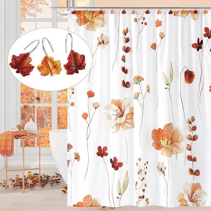 Gibelle 12PCS Maple Leaf Shower Curtain Hooks, Orange Red Decorative Leaves Fall Shower Curtain Hooks Metal Rustproof Cute Autumn Fall Leaves Shower Curtain Rings Bathroom Decoration Accessories - ModernBath