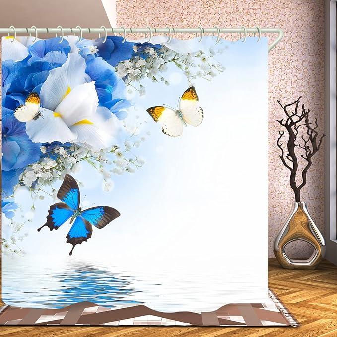 LYFANS Shower Curtains Waterproof Polyester Fabric,Large Width Bright Partition Curtain with Blue Butterfly Print,Shower Curtain Liner for Bathtub Bathroom with 12 White Hooks (72 x72 inches) - ModernBath
