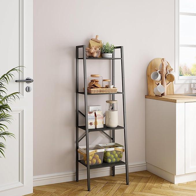 Hoctieon 4-Tier Industrial Ladder Bookshelf, Narrow Ladder Shelf, Tall Standing Bookshelf, Skinny Open Ladder Shelf, for Living Room, Home Office, Kitchen, Bedroom, Metal Frame, Black - ModernBath