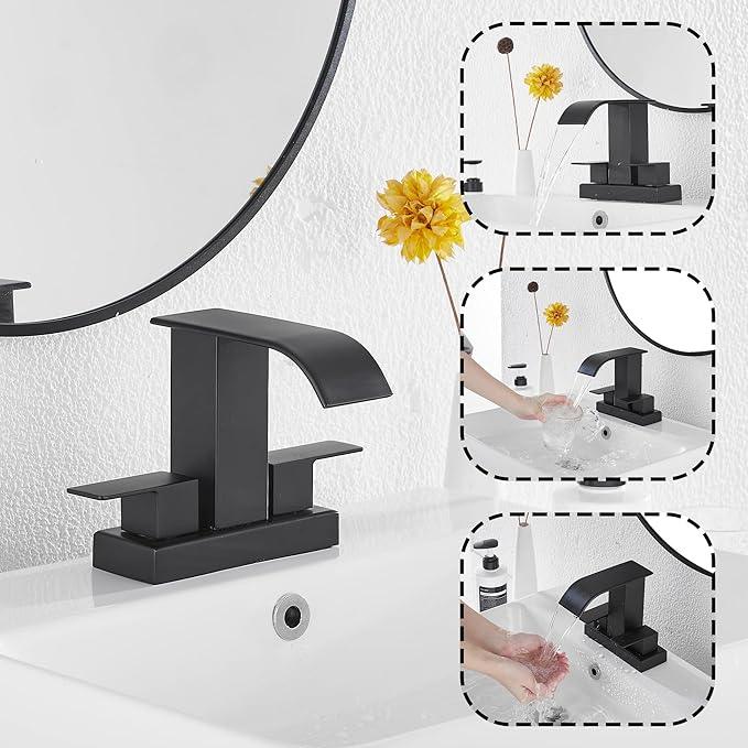 Bathroom Faucet Matte Black Modern GGStudy 2 Handles 4 Inches Centerset RV Black Waterfall Bathroom Vanity Faucet with Drain Assembly - ModernBath