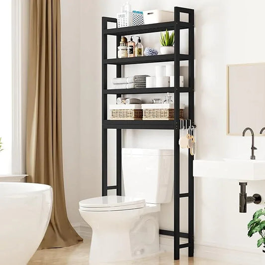 Smiry Over The Toilet Storage Cabinet, 4-Tier Bamboo Bathroom Organizers with Adjustable Shelf & 4 Hooks, Space Saving Shelf Rack for Bathrooms, Laundry Room, Balcony, Black - ModernBath