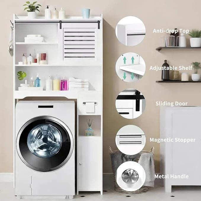 Coolfat Over The Toilet Storage Cabinet, Bathroom Storage Cabinet Organizer, Above Toilet Rack with Door and Adjustable Shelves, Space Saver for Restroom, Laundry (White Left Side) - ModernBath