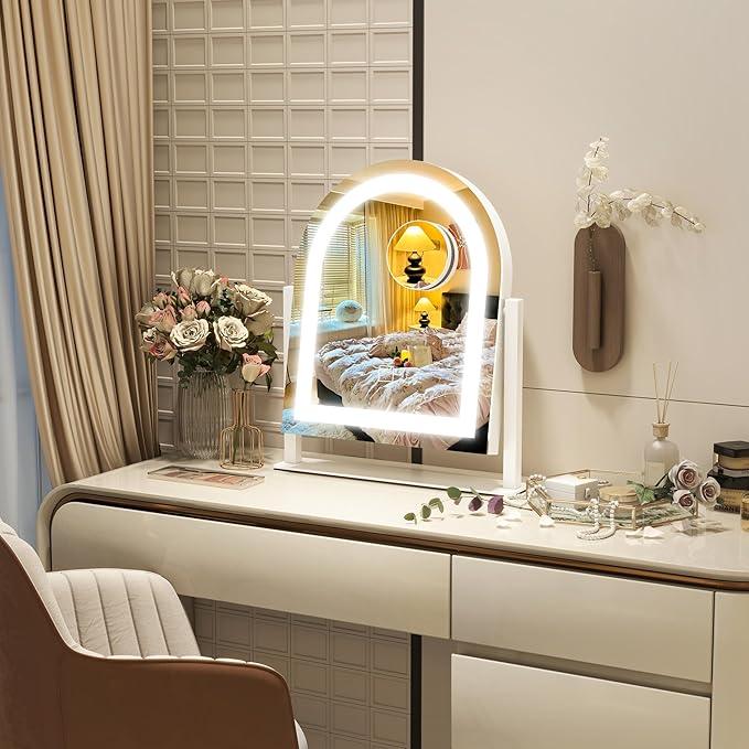 ROLOVE Lighted Makeup Mirror with 3-Color Dimmable Lighting, with Removable 10x Magnifier, Smart Touch Control, 360° Rotation, 15" x 13" Hollywood Vanity Mirror for Tabletop or Desk (White) - ModernBath