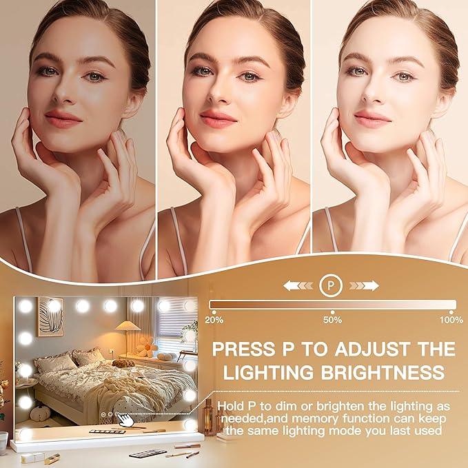 ROLOVE 23"x18" Hollywood Vanity Mirror with Lights, 15 Dimmable LED Bulbs, led Makeup Mirror with 3 Color Modes, Lighted Vanity Mirror for Tabletop or Wall-Mounted - ModernBath