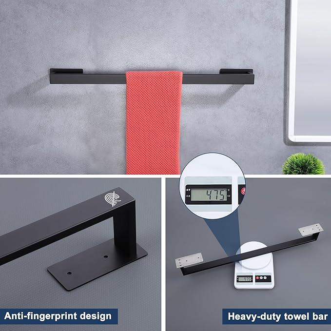 LANC Matte Black Hand Towel Rack 12-Inch Self-Adhesive Towel Bar for Bathroom Wall Mounted and No Drilling Towel Ring, Sticky on Bathroom Hand Towel Holder 304 Stainless Steel, A8310MB-L3 - ModernBath