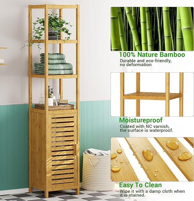 VIAGDO Storage Tall Slim Cabinet with Shutter Door and 3 Tier Shelves, Freestanding Linen Tower Cabinet for Living Room, Kitchen, Bathroom Organizer, Natural Bamboo - ModernBath