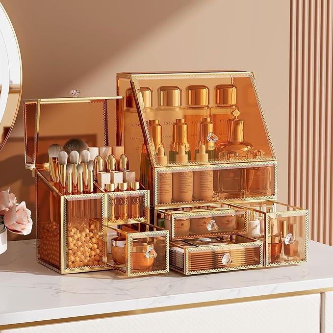 CoralHouse Makeup Organizer Amber,Glass Vanity Organizer for Skincare, Lipsticks, Perfume, Makeup Brushes – Countertop Cosmetic Storage Box for Women, Bathroom & Dresser - ModernBath