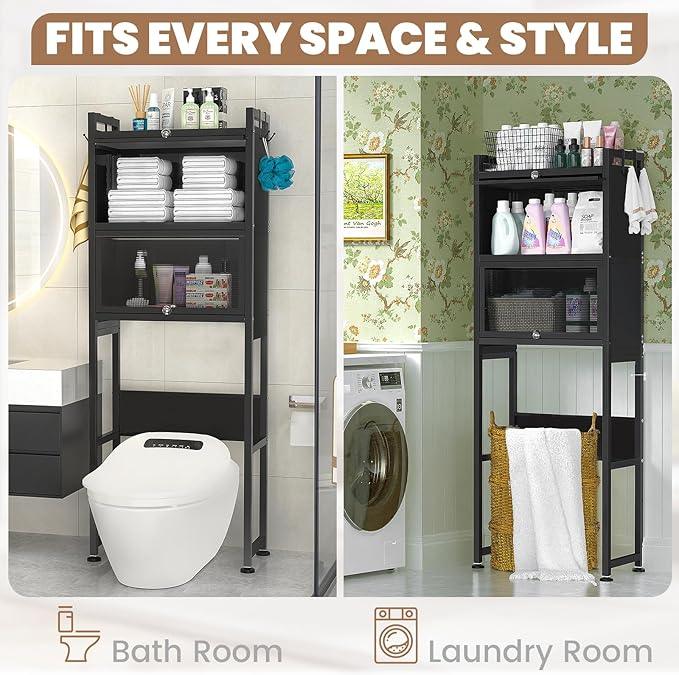 ZZL Over The Toilet Storage Cabinet,3-Tier,Bathroom Toilet Organizer,Waterproof, Cabinet Door Design,Freestanding Space Saver with 4 Hooks for Bathroom,Black - ModernBath