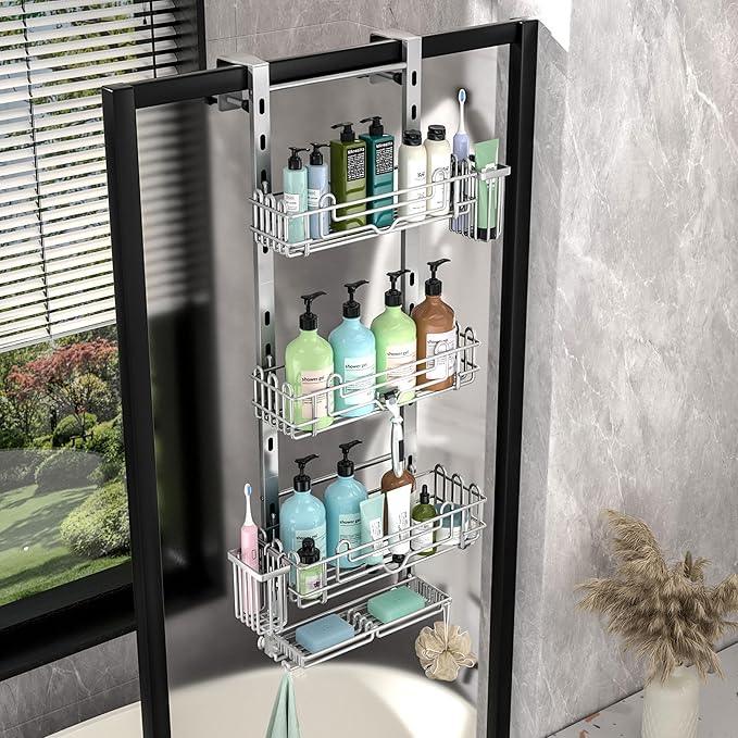 HapiRm Hanging Shower Caddy Organizer - Shower Shelf with 22 Hooks and 2 Toothbrush Holders, No Drilling Adjustable Hanging Bathroom Organizer - Silver - ModernBath