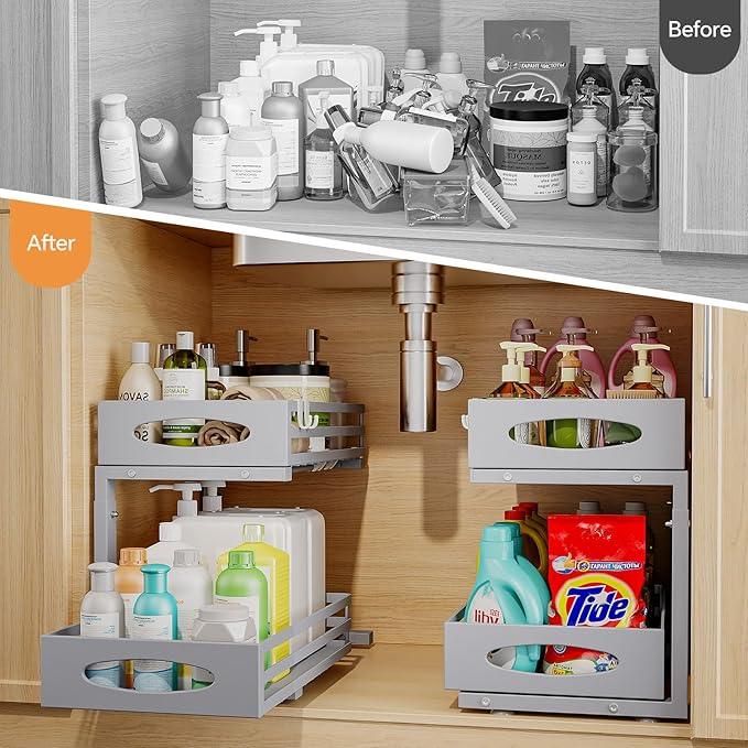 Under Sink Organizer, 2 Tier Under Sink Organizers and Storage, Adjustable Height, Slide out Metal Cabinet Organizers, Pull out Cabinet Storage Drawer Shelf for Kitchen Bathroom - ModernBath