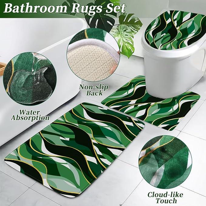 XLHOMO Bathroom Set - Green and Gold Bathroom Accessories, Bathroom Sets with Shower Curtain and Rugs, Green Shower Curtain Set with Bathroom Trash Can, Soap Dispenser, Soap Dish for Home Decor - ModernBath