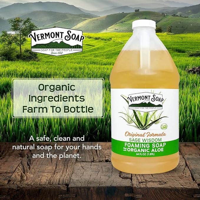 Vermont Soap Organic Sage Lime Wisdom Foaming Hand Soap - Natural Moisturizing Soap for Dry Skin - Fragrance Free Liquid Bathroom Hand Soap - Sage Lime Wisdom - 64 oz - ModernBath