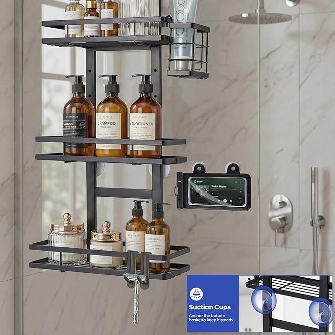 WEYALLE Over the Door Shower Caddy Hanging, Rustproof Shower Shelves with Waterproof Phone Pouch, 3-Tier Adjustable Bathroom Organizers and Storage, No Drilling Shower Shelf, Black Shampoo Soap Holder - ModernBath