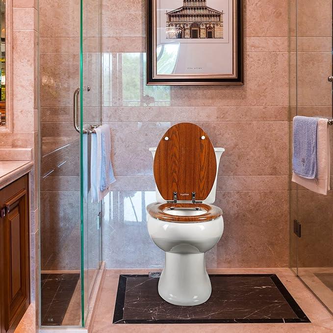 Elongated Toilet Seat Molded Wood Toilet Seat with Zinc Alloy Hinges, Easy to Install also Easy to Clean, Anti-pinch Wooden Toilet Seat by Angol Shiold (Elongated, Brownish Yellow) - ModernBath