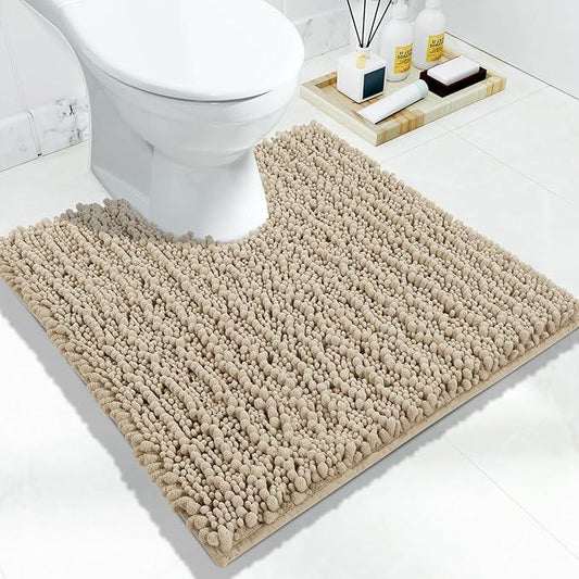Yimobra Toilet Rug U Shaped Washable 24x24 Inch - Ultra Soft Absorbent Chenille Bath Rugs for Toilet, Quick Dry & Machine Washable, Non Slip Contour Bathroom Mat, Pale Khaki - ModernBath