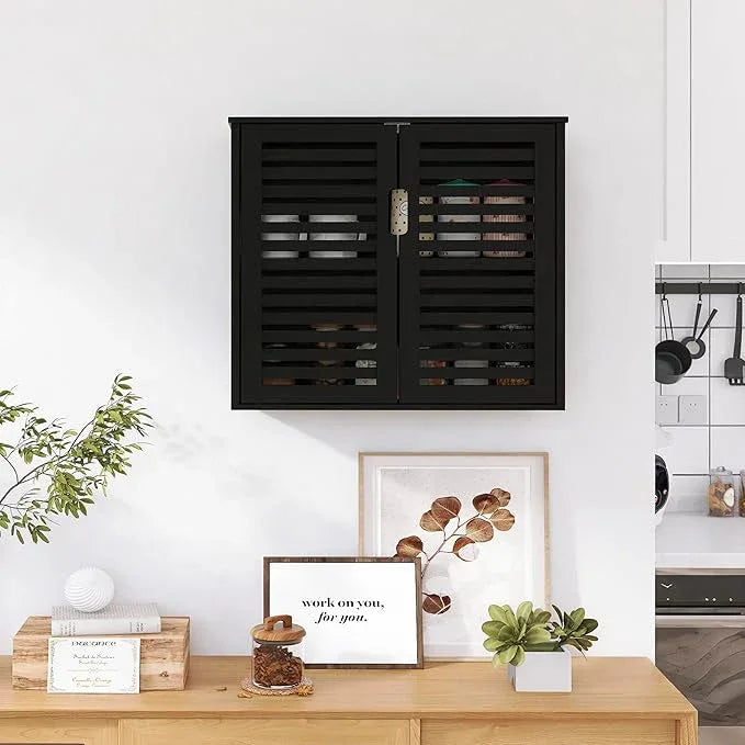 HITNET Black Bathroom Storage Cabinet, Hanging Medicine Cabinet with Adjustable Shelf, Bamboo Over The Toilet Wall Mounted Space Saver Organizer, Double Doors - ModernBath