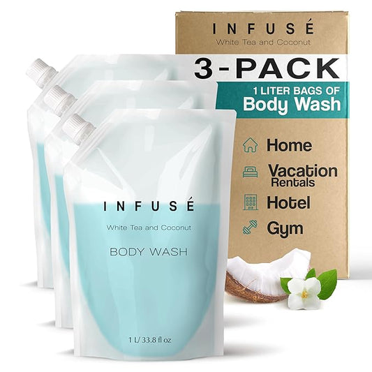 INFUSÉ 1 Liter Body Wash Refill Bag For Soap Dispensers | Bulk Toiletries for Vacation Rentals, and Home Bathroom Showers | White Tea and Coconut | Set of 3
